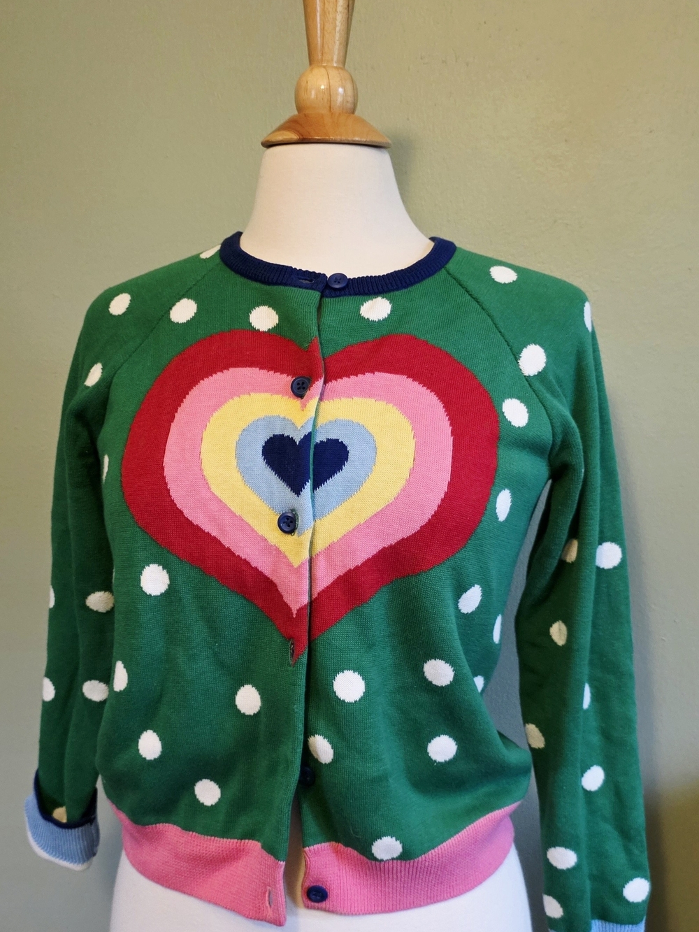 Hanna Andersson Rainbow Heart Green Polka Dot Cardigan For Girls Size 12